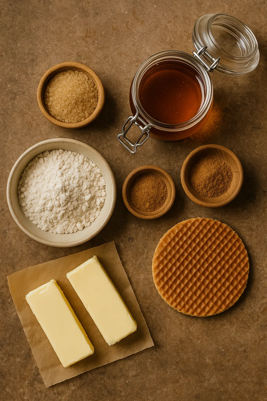 Bloem, boter, bruine suiker, eieren, kaneel en siroop – de basisingrediënten voor een traditionele stroopwafel